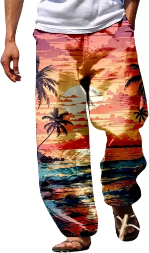 GIERIDUC Mens Casual Linen Pants Loose Fit Elastic Drawstring Waist Straight Leg Hippie Trousers Summer Yoga Beach Long Pants