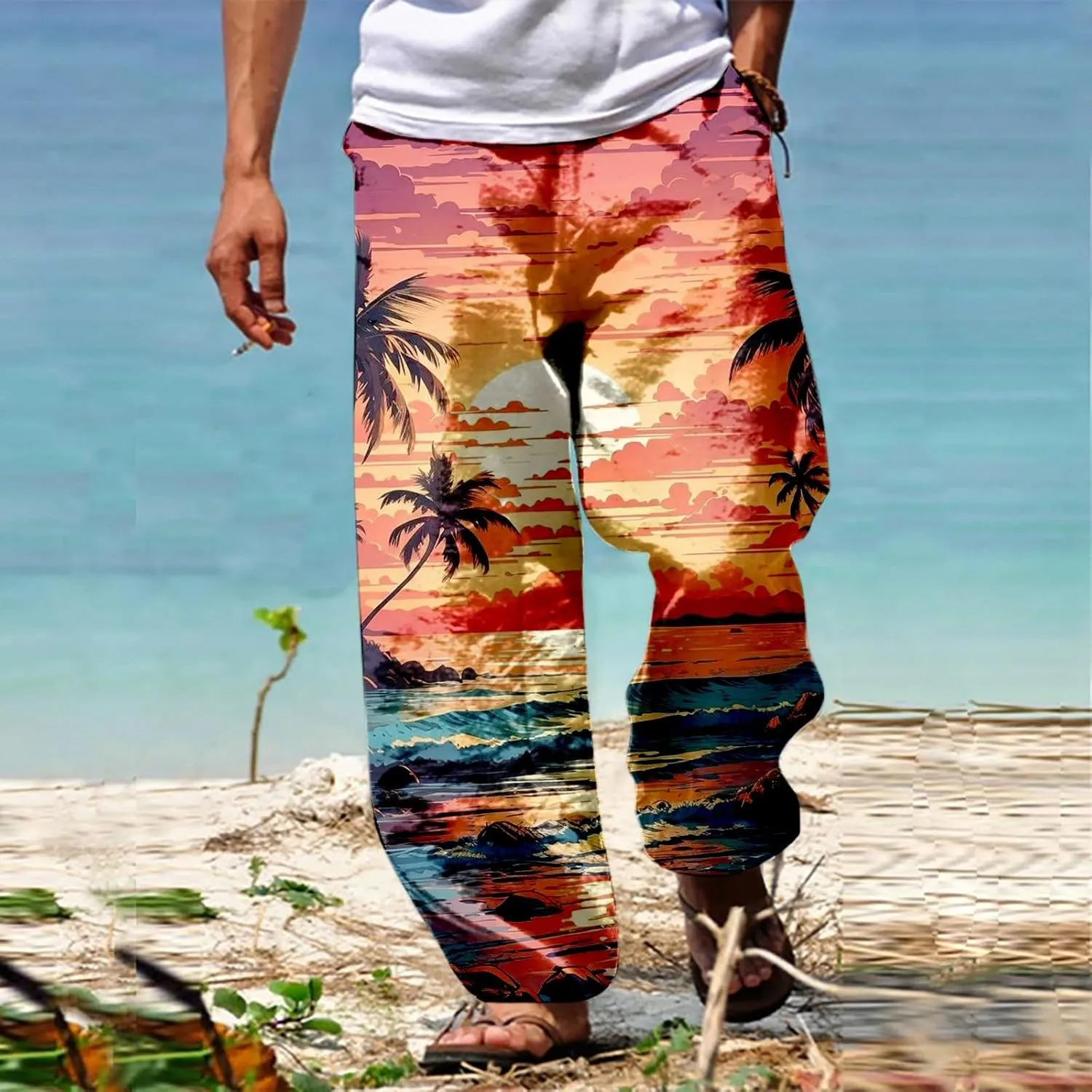GIERIDUC Mens Casual Linen Pants Loose Fit Elastic Drawstring Waist Straight Leg Hippie Trousers Summer Yoga Beach Long Pants