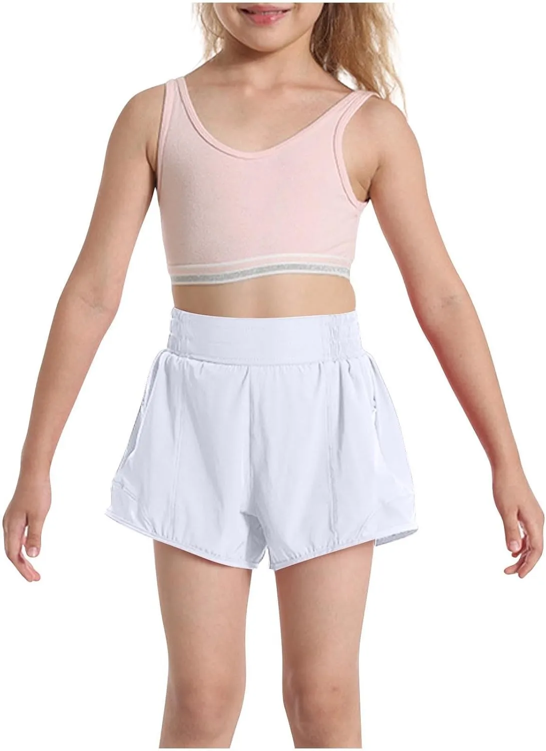 Girls Athletic Shorts Kids Outdoor Running Soccer Gym Shorts Quick Dry High Waisted Activewear with Zipper Pockets