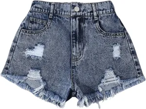 GORGLITTER Girl's Ripped Jean Shorts Distressed Frayed Raw Denim Shorts with Pocket