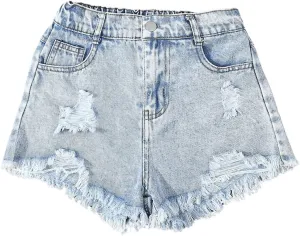 GORGLITTER Girl's Ripped Jean Shorts Distressed Frayed Raw Denim Shorts with Pocket