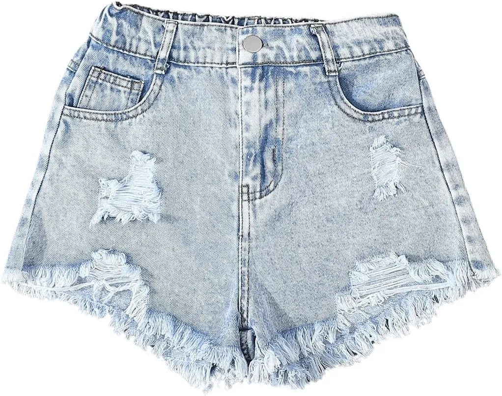 GORGLITTER Girl's Ripped Jean Shorts Distressed Frayed Raw Denim Shorts with Pocket