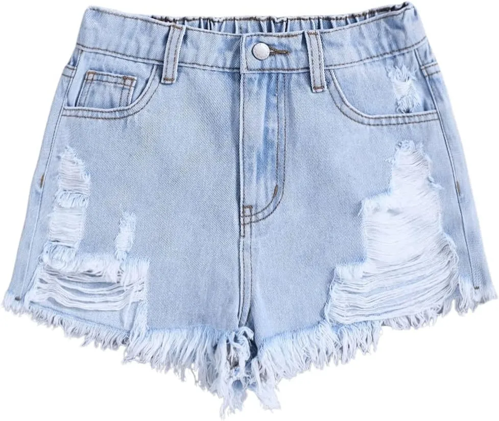 GORGLITTER Girl's Ripped Jean Shorts Distressed Frayed Raw Denim Shorts with Pocket