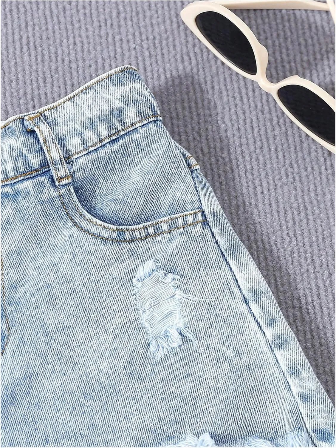 GORGLITTER Girl's Ripped Jean Shorts Distressed Frayed Raw Denim Shorts with Pocket