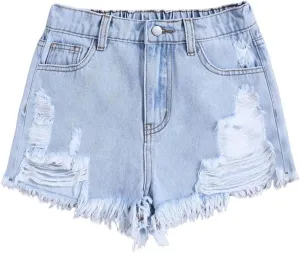 GORGLITTER Girl's Ripped Jean Shorts Distressed Frayed Raw Denim Shorts with Pocket