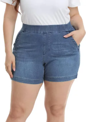 HDE Women's Plus Size Jean Shorts High Waisted Stretch Denim Pull On Shorts