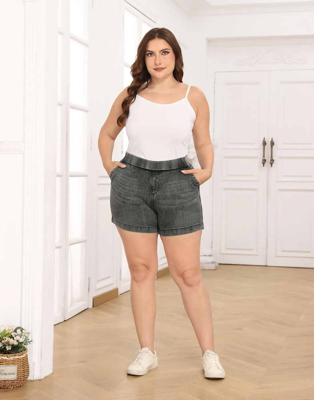 HDE Women's Plus Size Jean Shorts High Waisted Stretch Denim Pull On Shorts
