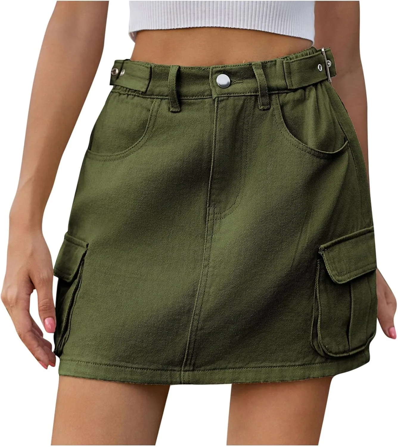 High Stretchy Cargo Skirt for Women, Button High Waist Y2k Mini Skirt Cute Denim Skirt with Pockets Streetwear