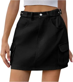 High Stretchy Cargo Skirt for Women, Button High Waist Y2k Mini Skirt Cute Denim Skirt with Pockets Streetwear
