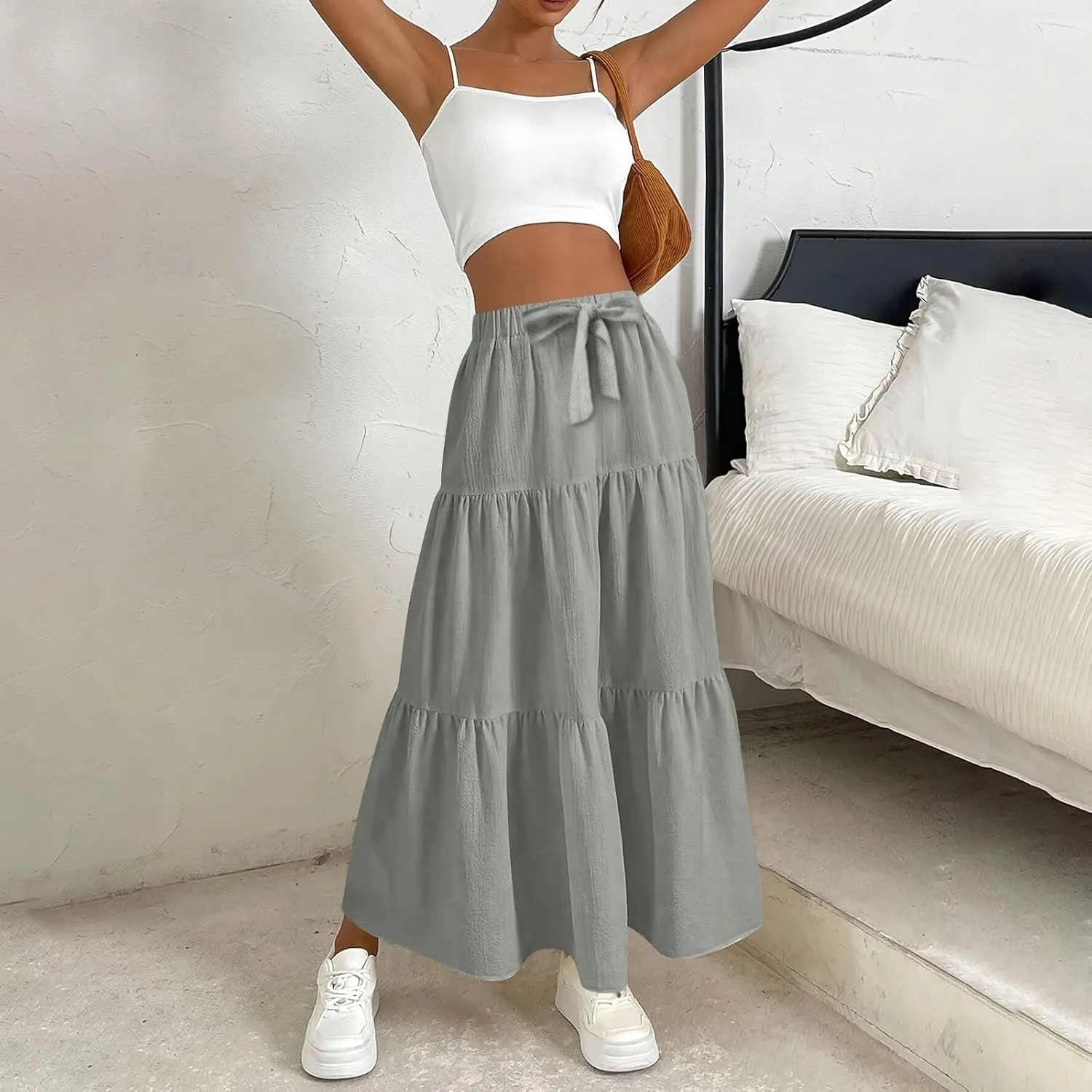 High Waisted Maxi Skirt for Women Summer Tiered Elastic Elegant Skirts Ruffle A Line Skirt Swing Long Skirts (S-2Xl)