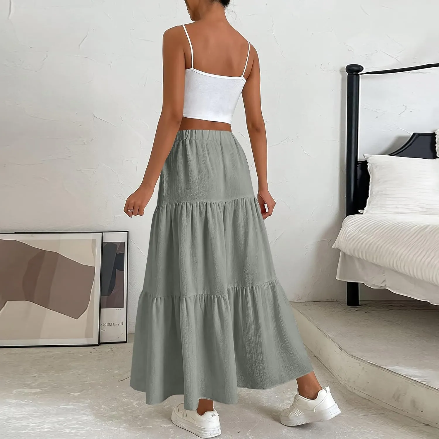 High Waisted Maxi Skirt for Women Summer Tiered Elastic Elegant Skirts Ruffle A Line Skirt Swing Long Skirts (S-2Xl)