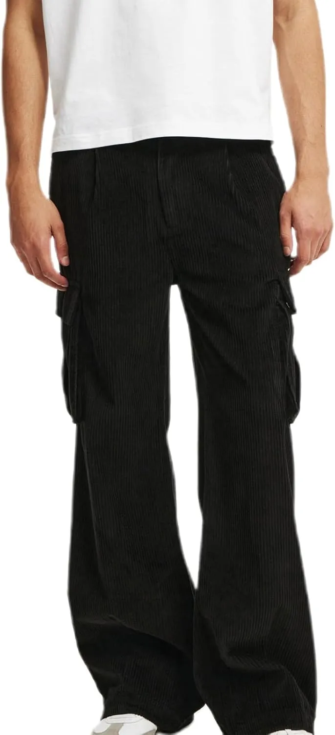 Hulpvktsgiq Mens Corduroy Cargo Pants Casual Joggers Straight Leg Pants Button Baggy Sweatpants Ribbed Trousers with Pockets