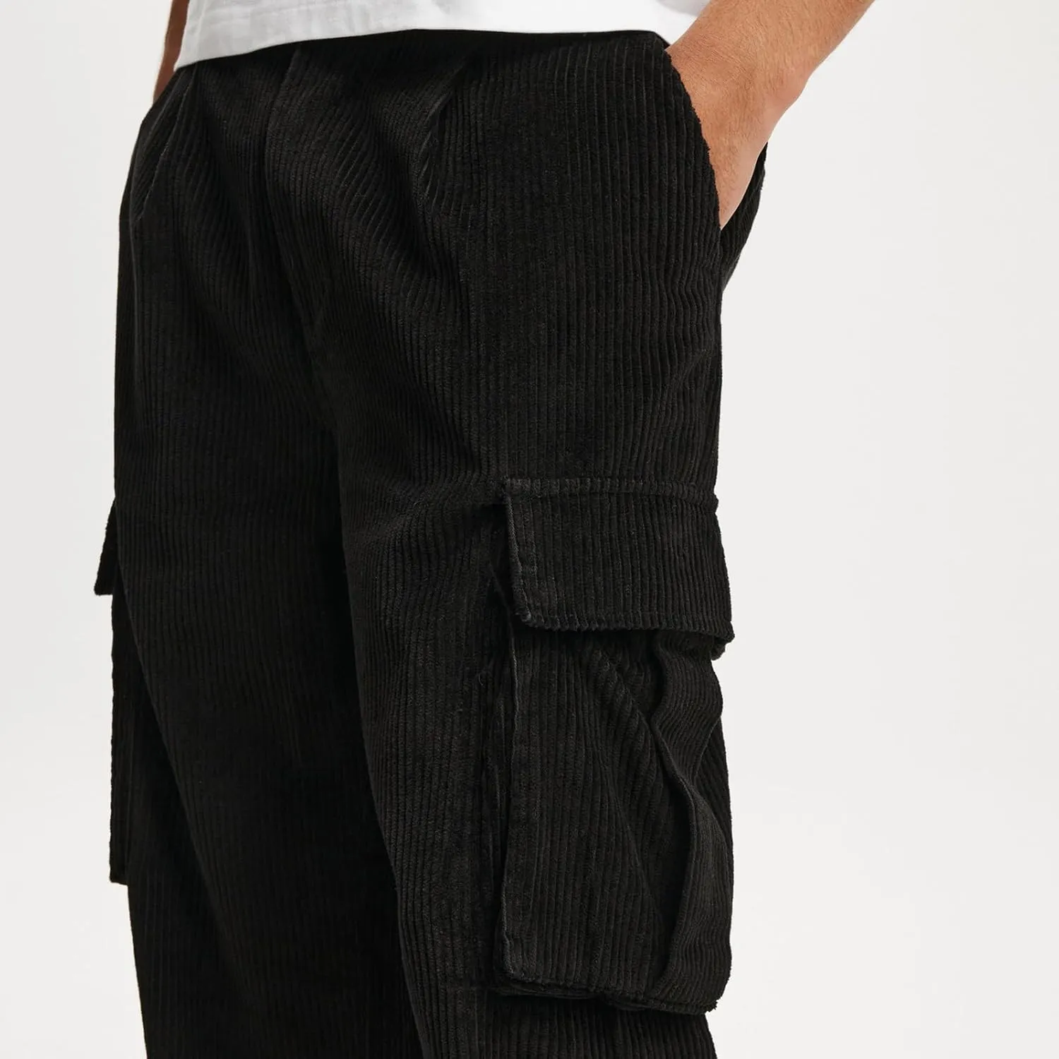 Hulpvktsgiq Mens Corduroy Cargo Pants Casual Joggers Straight Leg Pants Button Baggy Sweatpants Ribbed Trousers with Pockets