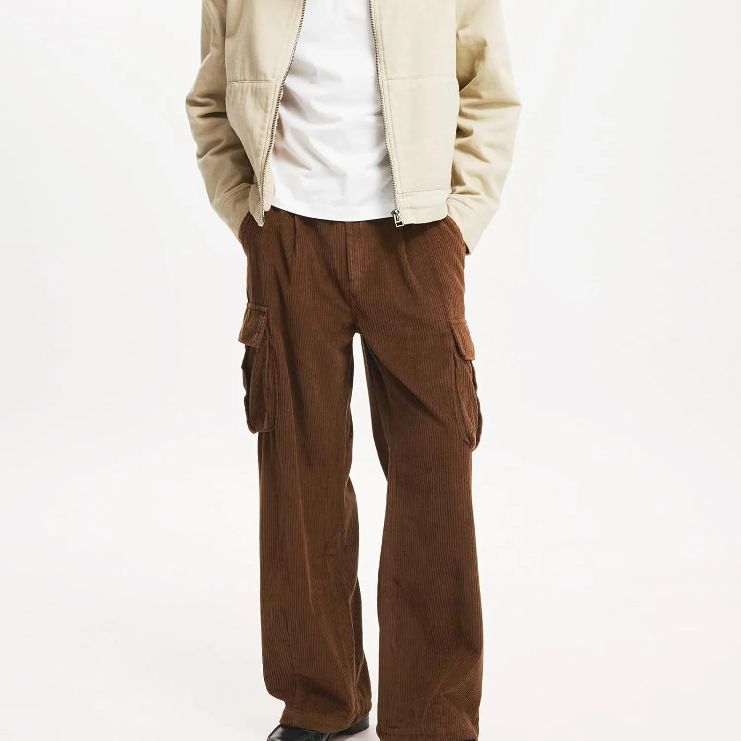 Hulpvktsgiq Mens Corduroy Cargo Pants Casual Joggers Straight Leg Pants Button Baggy Sweatpants Ribbed Trousers with Pockets