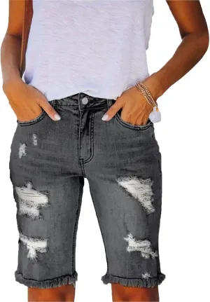 JEKE-DG Women Bermuda Denim Shorts Destroyed Raw Hem Shorts Jeans High Waisted Frayed Stretch Jean Shorts
