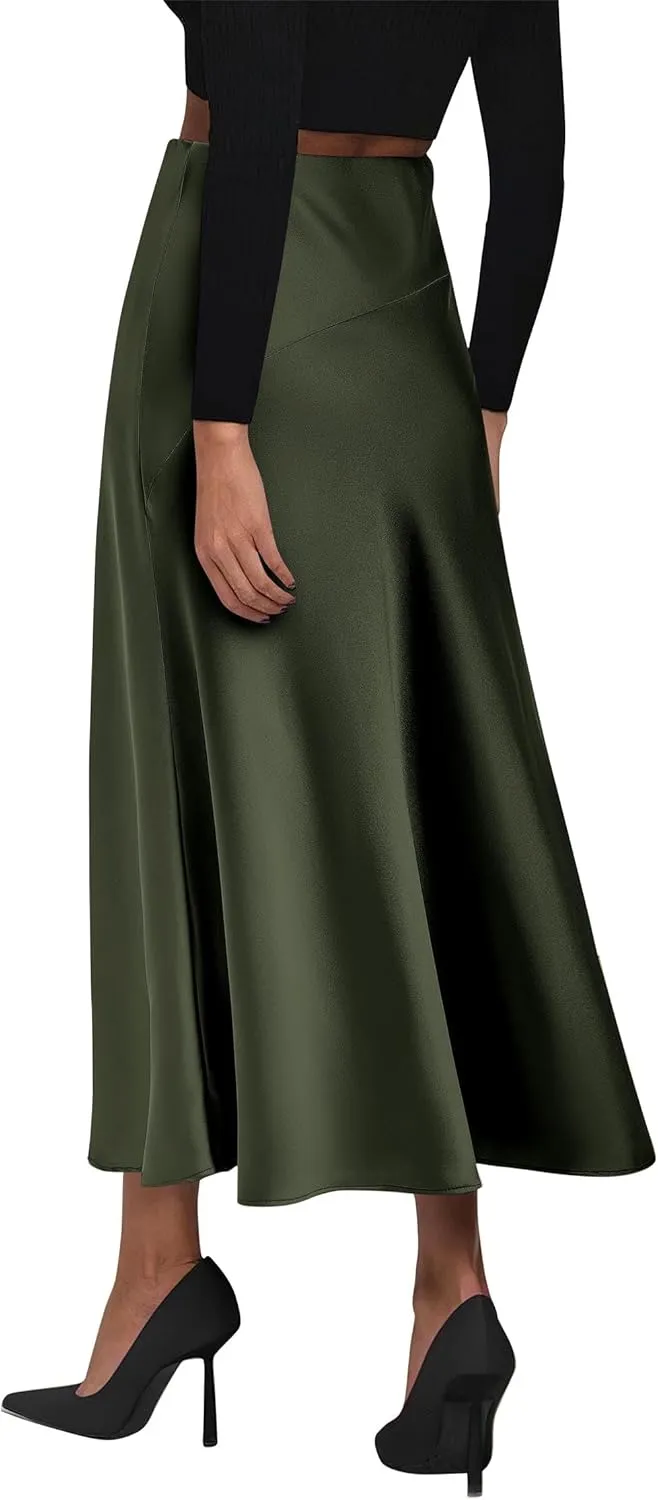 KIRUNDO Women's Satin Elastic High Waisted Maxi Skirt 2025 Trendy Summer Fall Winter Silk A-Line Casual Formal Work Skirts