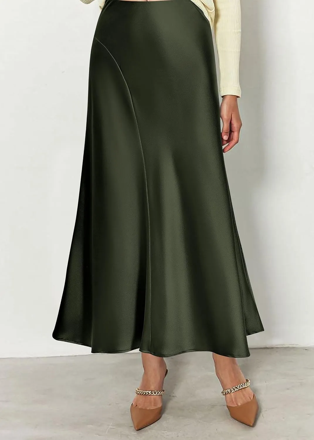 KIRUNDO Women's Satin Elastic High Waisted Maxi Skirt 2025 Trendy Summer Fall Winter Silk A-Line Casual Formal Work Skirts