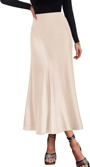 KIRUNDO Women's Satin Elastic High Waisted Maxi Skirt 2025 Trendy Summer Fall Winter Silk A-Line Casual Formal Work Skirts