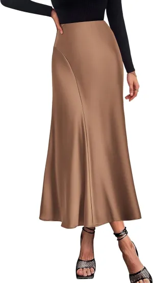 KIRUNDO Women's Satin Elastic High Waisted Maxi Skirt 2025 Trendy Summer Fall Winter Silk A-Line Casual Formal Work Skirts