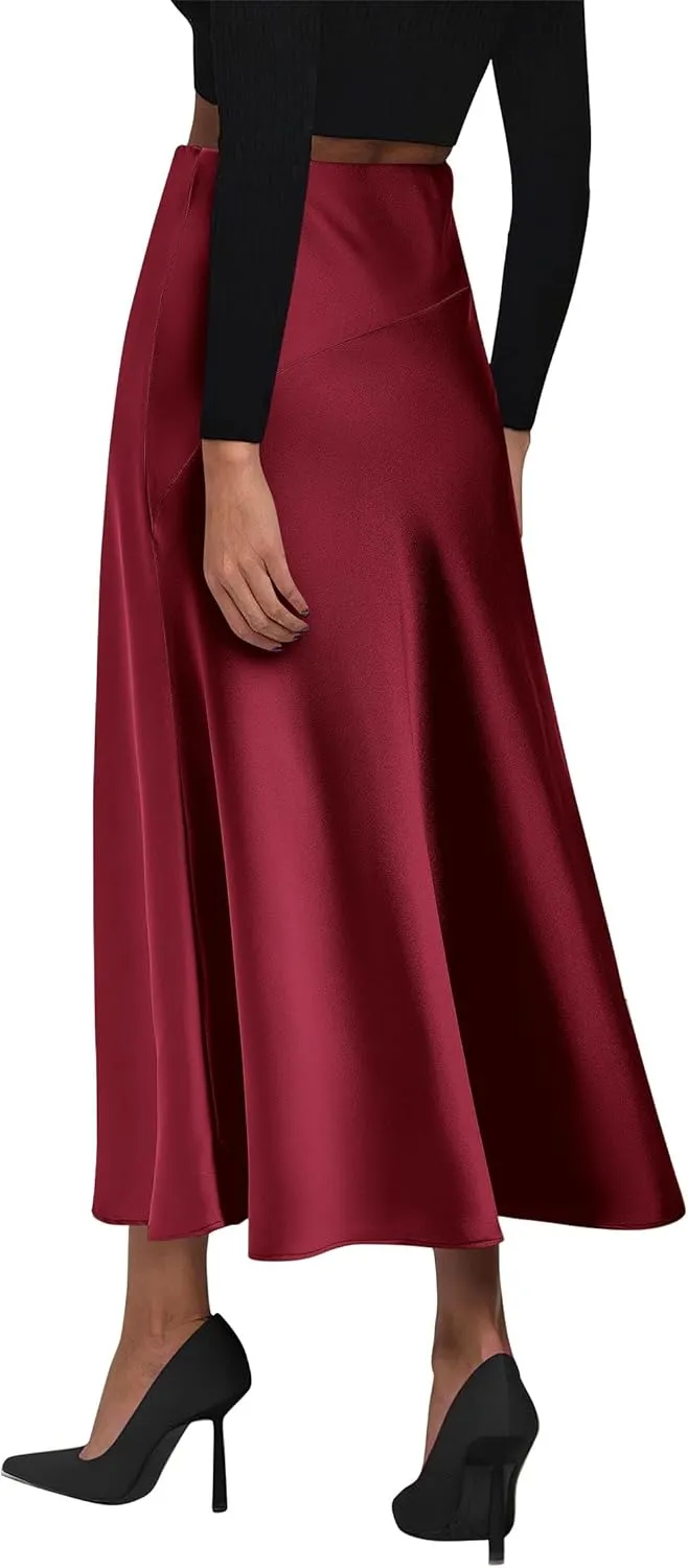 KIRUNDO Women's Satin Elastic High Waisted Maxi Skirt 2025 Trendy Summer Fall Winter Silk A-Line Casual Formal Work Skirts