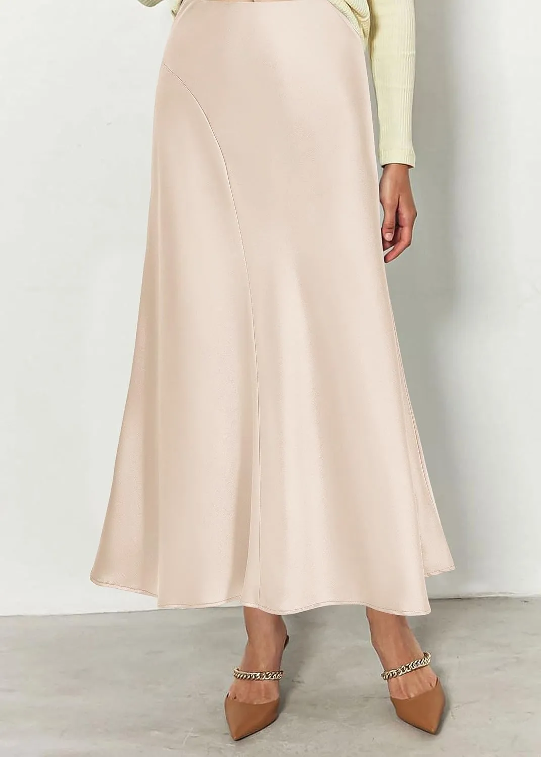 KIRUNDO Women's Satin Elastic High Waisted Maxi Skirt 2025 Trendy Summer Fall Winter Silk A-Line Casual Formal Work Skirts