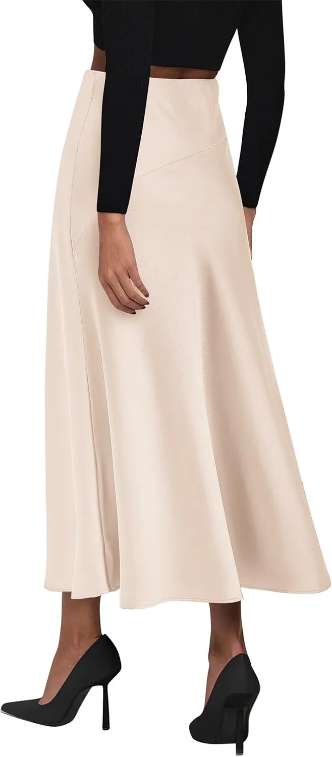 KIRUNDO Women's Satin Elastic High Waisted Maxi Skirt 2025 Trendy Summer Fall Winter Silk A-Line Casual Formal Work Skirts