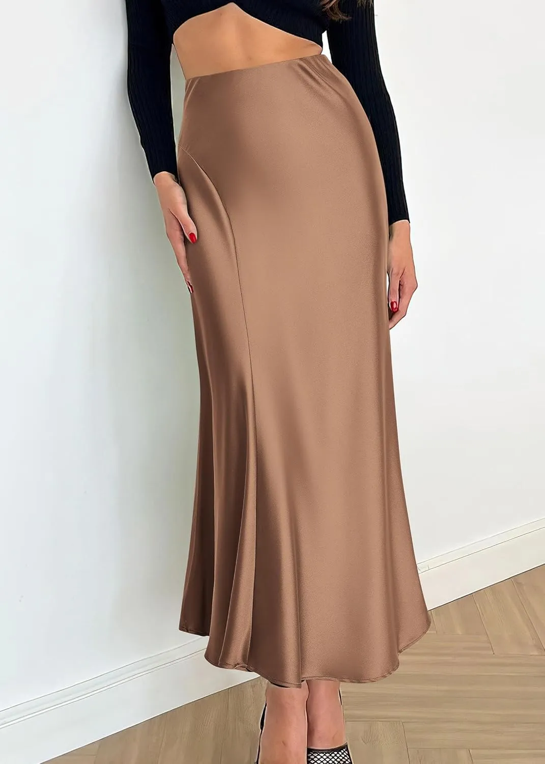 KIRUNDO Women's Satin Elastic High Waisted Maxi Skirt 2025 Trendy Summer Fall Winter Silk A-Line Casual Formal Work Skirts