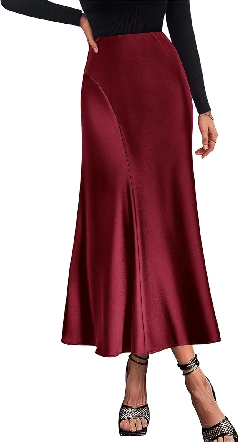 KIRUNDO Women's Satin Elastic High Waisted Maxi Skirt 2025 Trendy Summer Fall Winter Silk A-Line Casual Formal Work Skirts