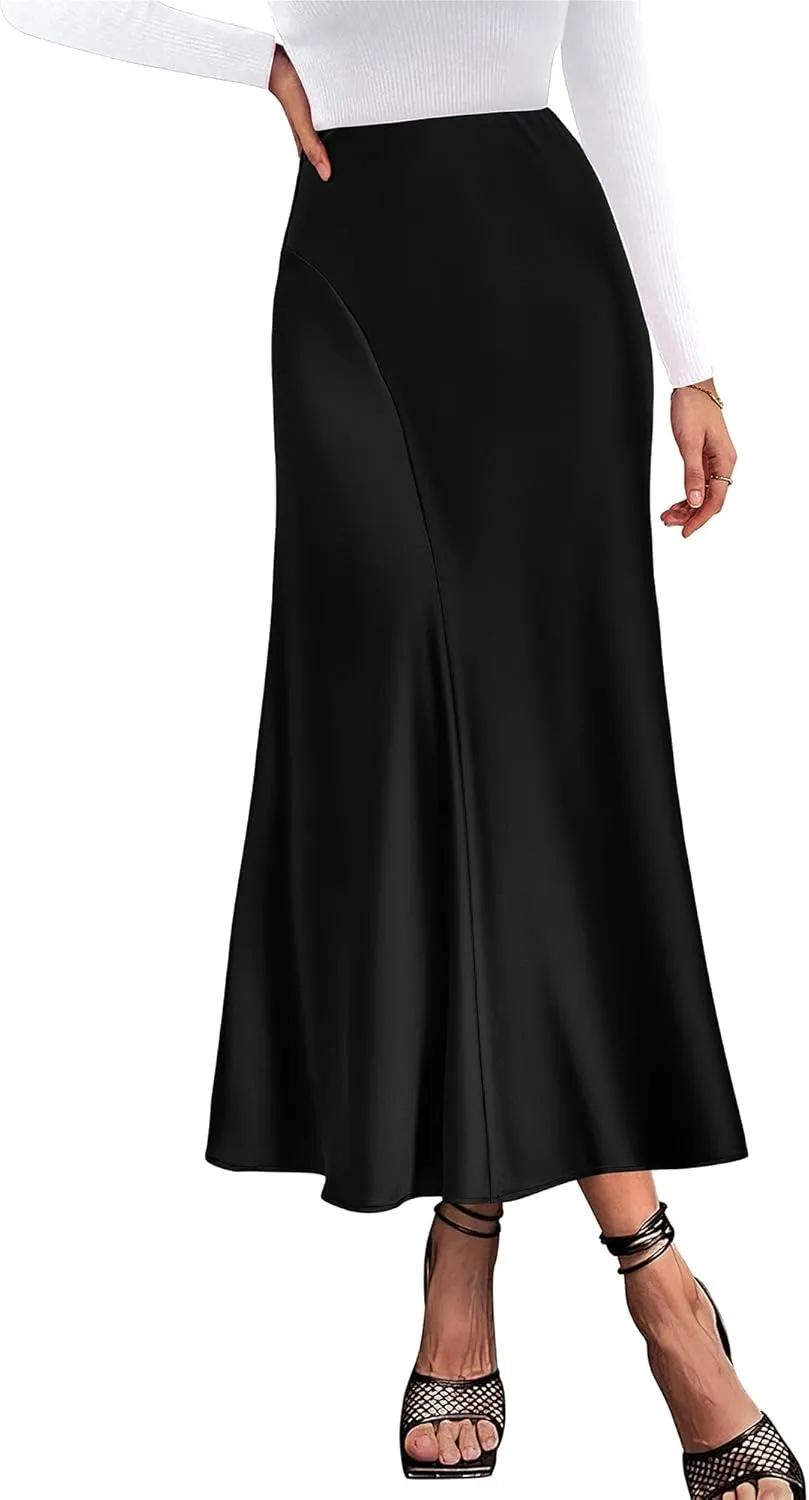 KIRUNDO Women's Satin Elastic High Waisted Maxi Skirt 2025 Trendy Summer Fall Winter Silk A-Line Casual Formal Work Skirts