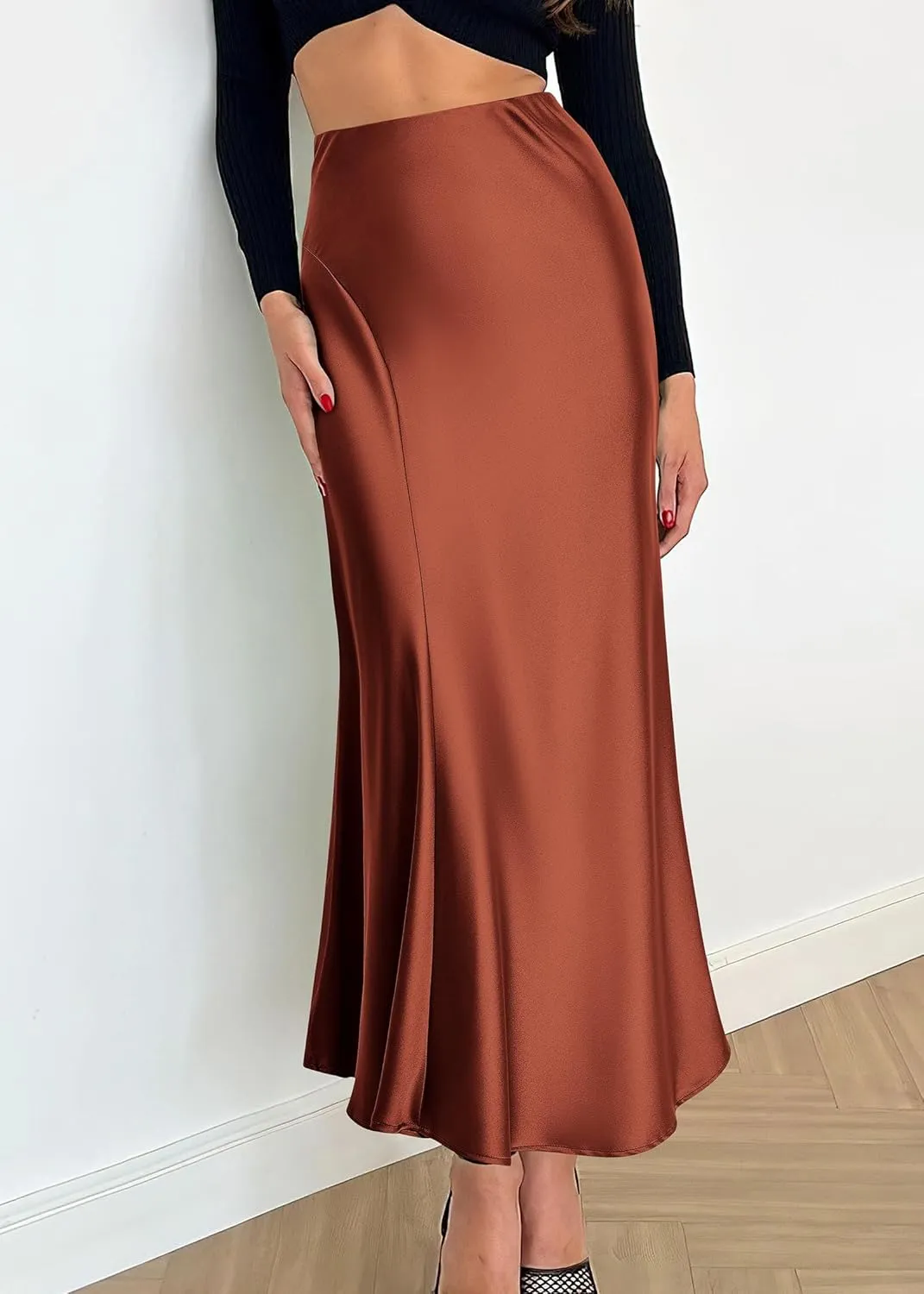KIRUNDO Women's Satin Elastic High Waisted Maxi Skirt 2025 Trendy Summer Fall Winter Silk A-Line Casual Formal Work Skirts