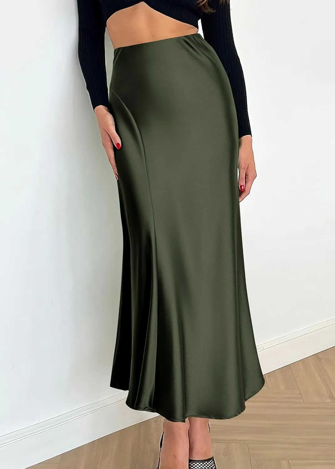 KIRUNDO Women's Satin Elastic High Waisted Maxi Skirt 2025 Trendy Summer Fall Winter Silk A-Line Casual Formal Work Skirts