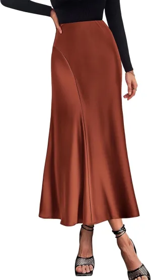 KIRUNDO Women's Satin Elastic High Waisted Maxi Skirt 2025 Trendy Summer Fall Winter Silk A-Line Casual Formal Work Skirts
