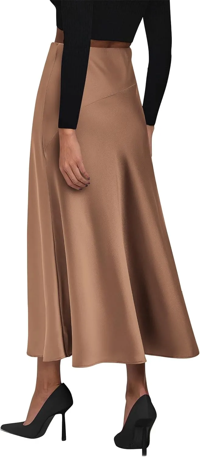 KIRUNDO Women's Satin Elastic High Waisted Maxi Skirt 2025 Trendy Summer Fall Winter Silk A-Line Casual Formal Work Skirts