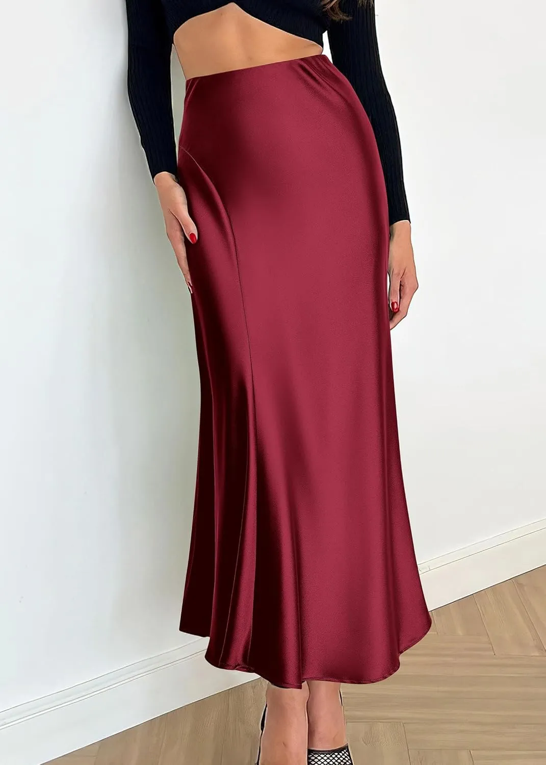KIRUNDO Women's Satin Elastic High Waisted Maxi Skirt 2025 Trendy Summer Fall Winter Silk A-Line Casual Formal Work Skirts