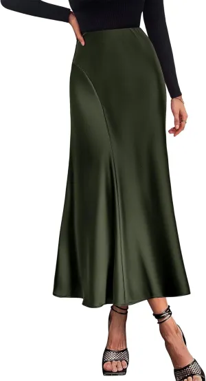 KIRUNDO Women's Satin Elastic High Waisted Maxi Skirt 2025 Trendy Summer Fall Winter Silk A-Line Casual Formal Work Skirts