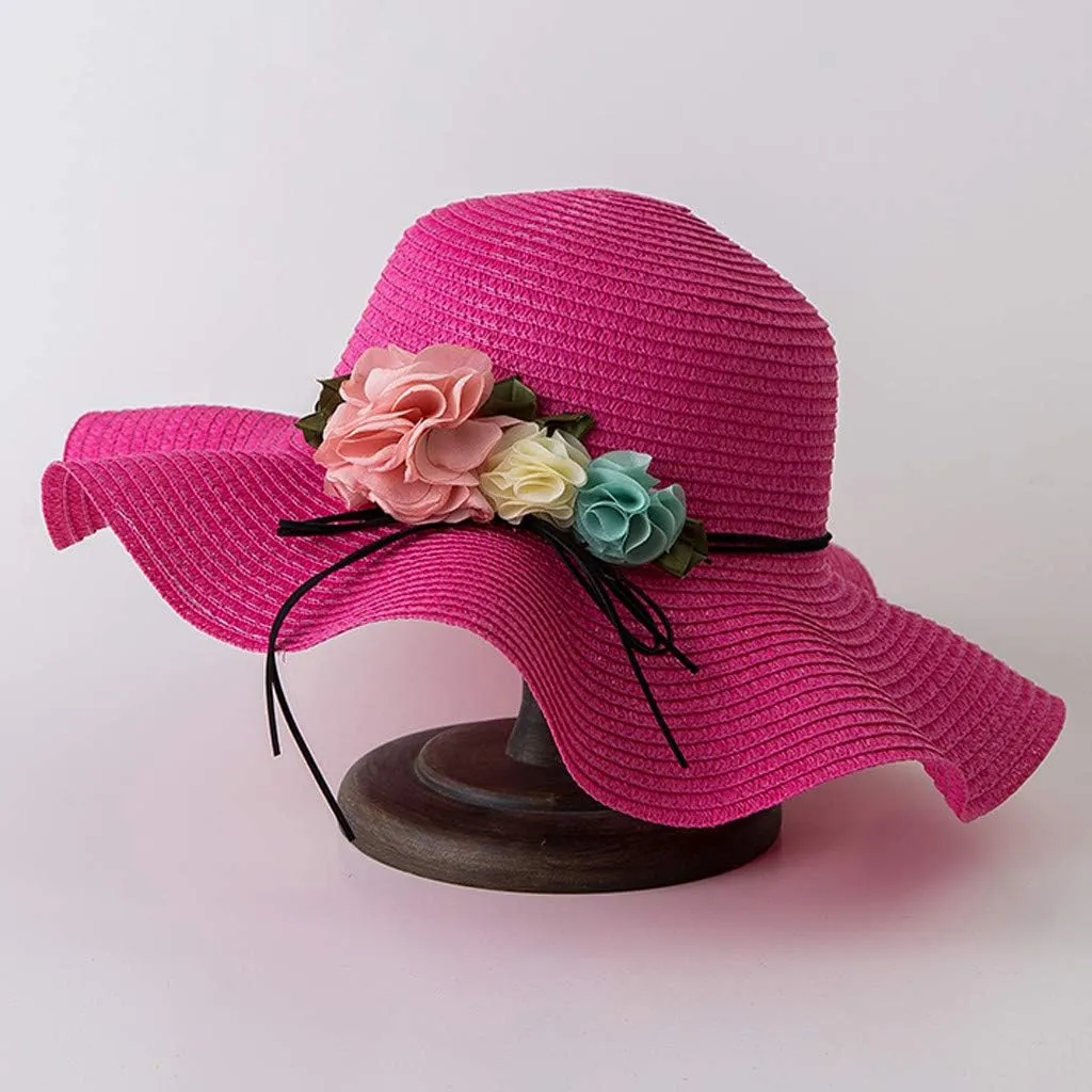Ladies Wide Straw Foldable Travel Flower Sun Hat Summer Beach Caps Summer Fedoras Boater Hat Foldable Brim Summer Hat
