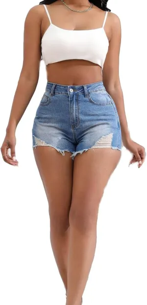 Lady Solid Color Washed Ripped High Waisted Stretch Denim Shorts Dressy Shorts for Women