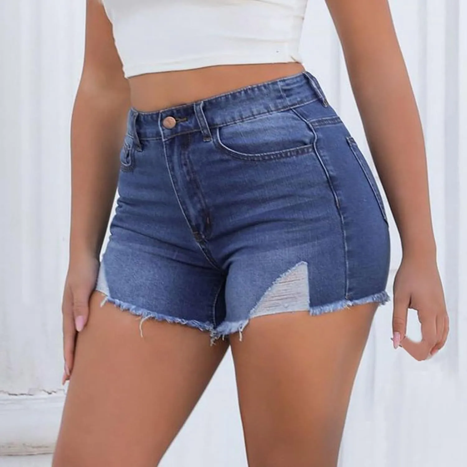 Lady Solid Color Washed Ripped High Waisted Stretch Denim Shorts Dressy Shorts for Women