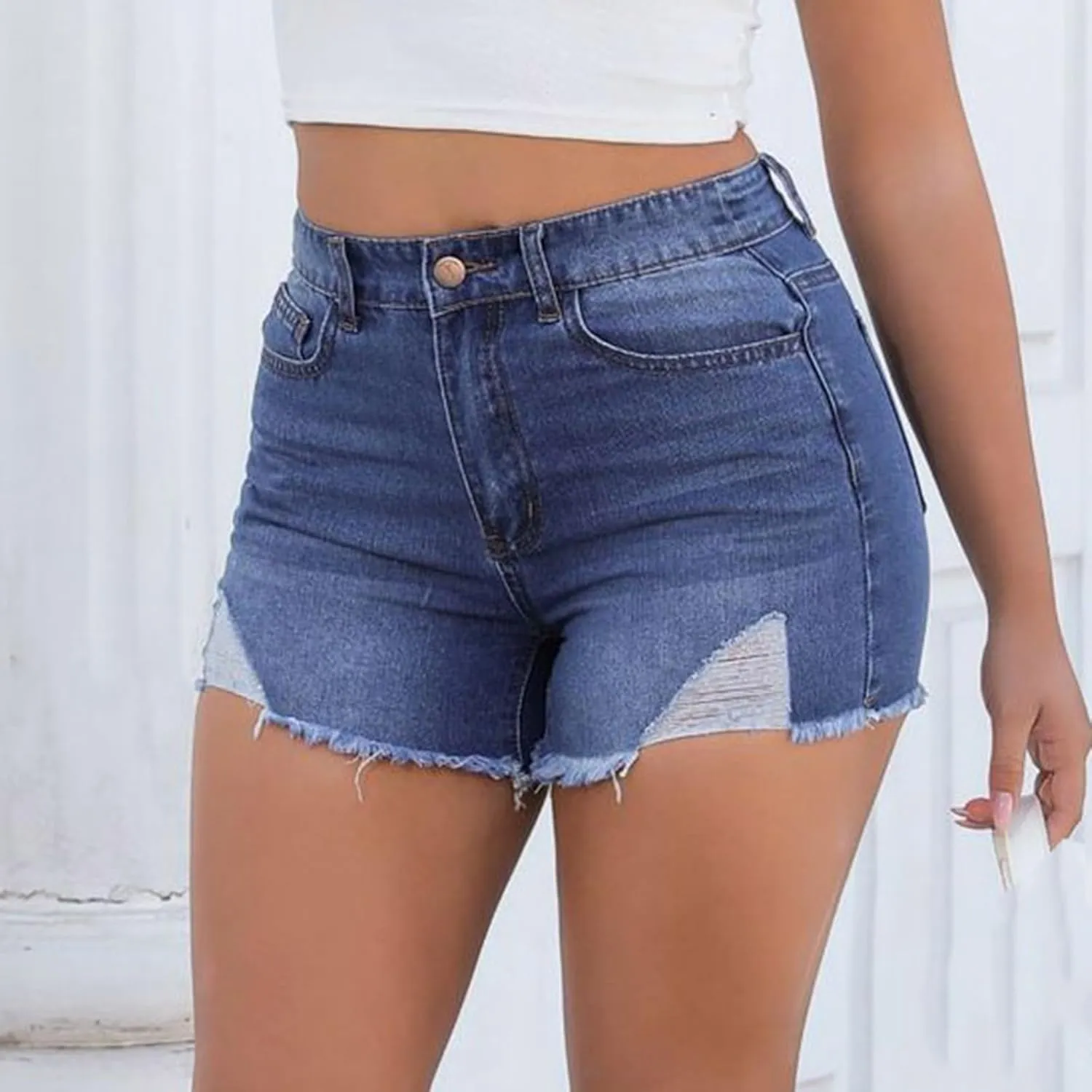 Lady Solid Color Washed Ripped High Waisted Stretch Denim Shorts Dressy Shorts for Women