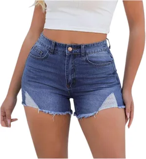 Lady Solid Color Washed Ripped High Waisted Stretch Denim Shorts Dressy Shorts for Women