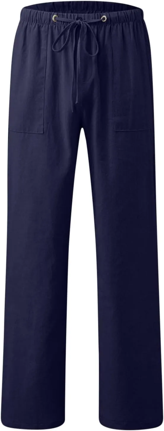 Linen Drawstring Pants Mens Elastic Waist Lightweight Trousers Casual Loose Straight Leg Yoga Fall Soft Beach Pants