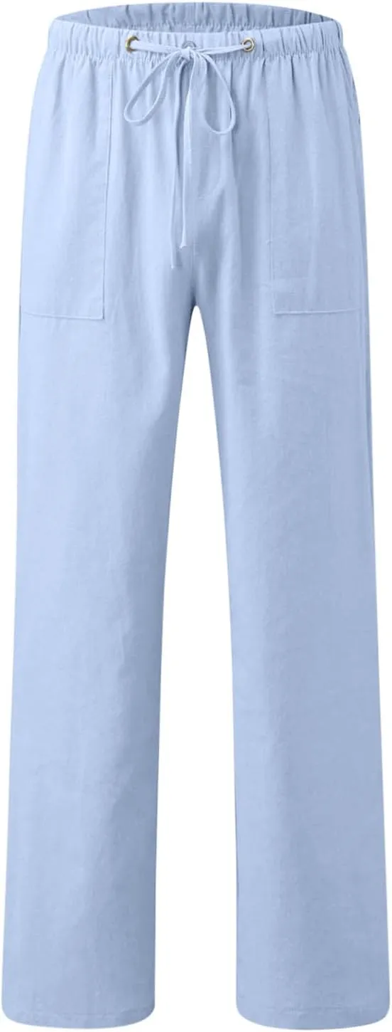 Linen Drawstring Pants Mens Elastic Waist Lightweight Trousers Casual Loose Straight Leg Yoga Fall Soft Beach Pants