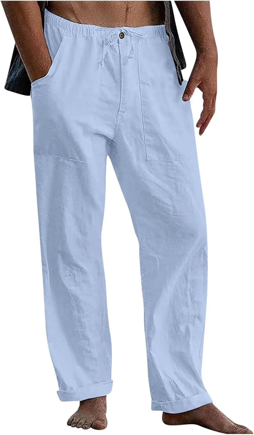 Linen Drawstring Pants Mens Elastic Waist Lightweight Trousers Casual Loose Straight Leg Yoga Fall Soft Beach Pants