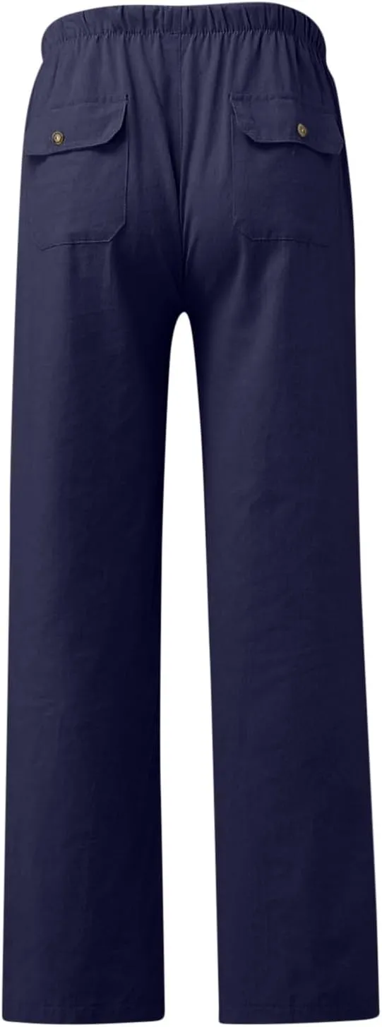 Linen Drawstring Pants Mens Elastic Waist Lightweight Trousers Casual Loose Straight Leg Yoga Fall Soft Beach Pants