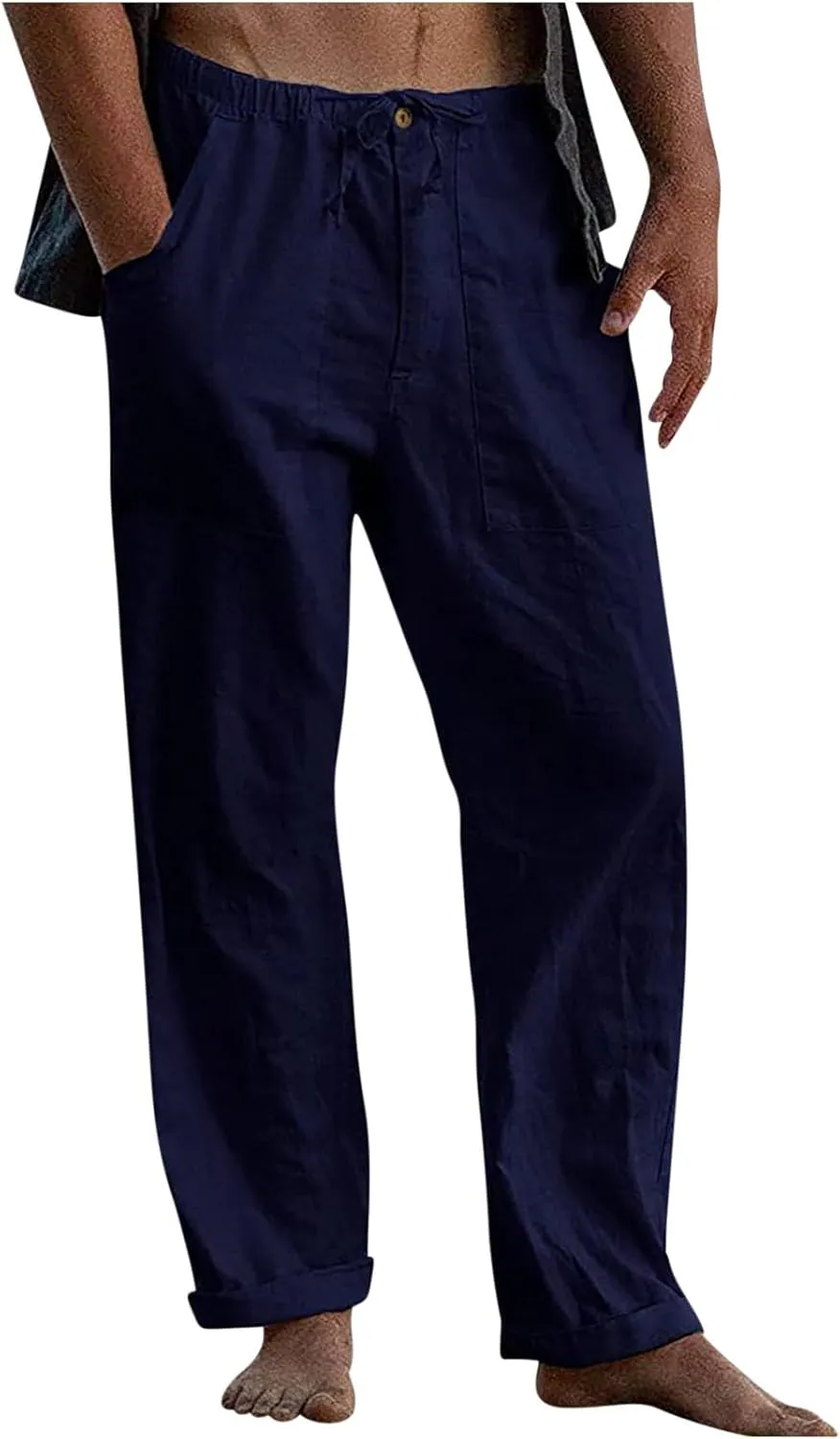 Linen Drawstring Pants Mens Elastic Waist Lightweight Trousers Casual Loose Straight Leg Yoga Fall Soft Beach Pants