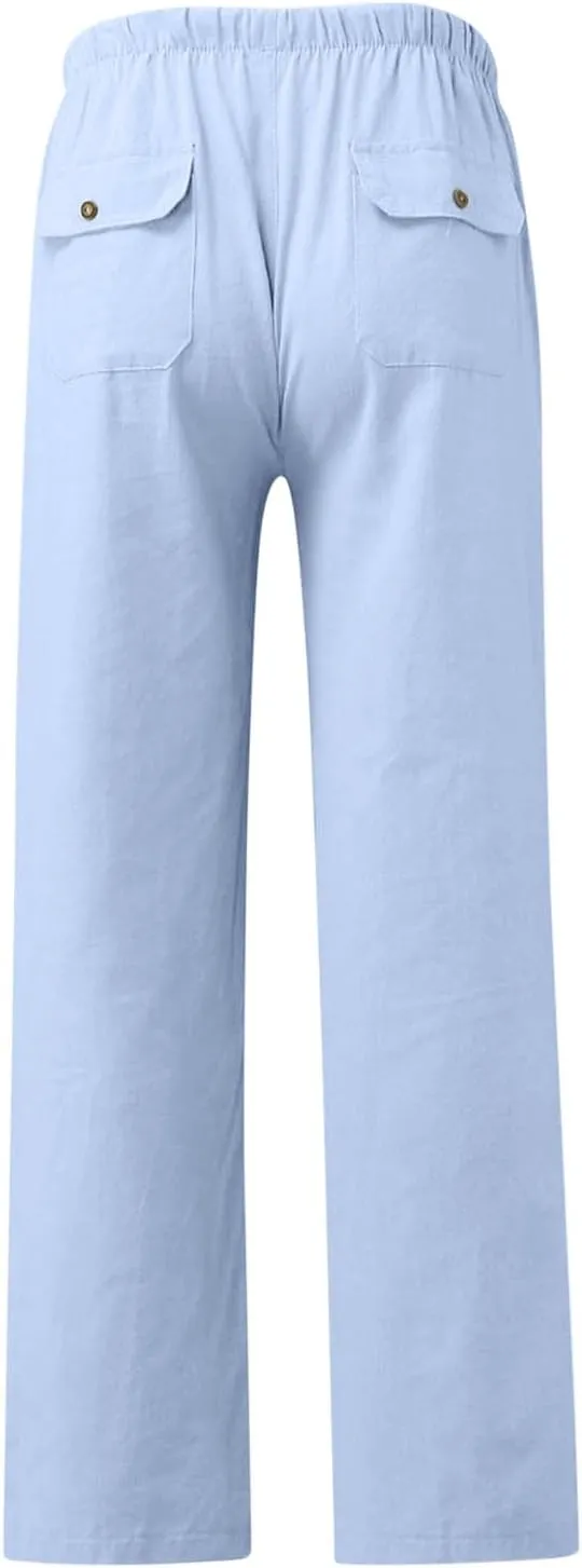 Linen Drawstring Pants Mens Elastic Waist Lightweight Trousers Casual Loose Straight Leg Yoga Fall Soft Beach Pants