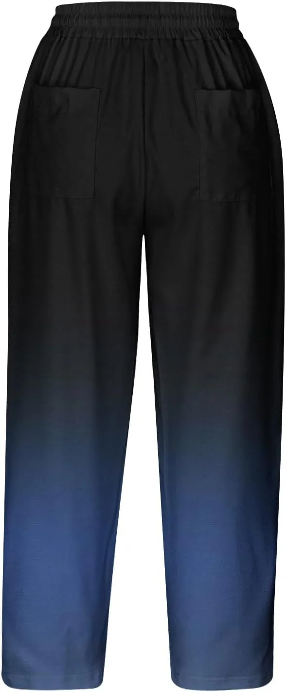 Linen Pants Women Casual Summer Harlan Pants Lightweight Wide Leg Gradient Color Trousers with Drawstring Pockets