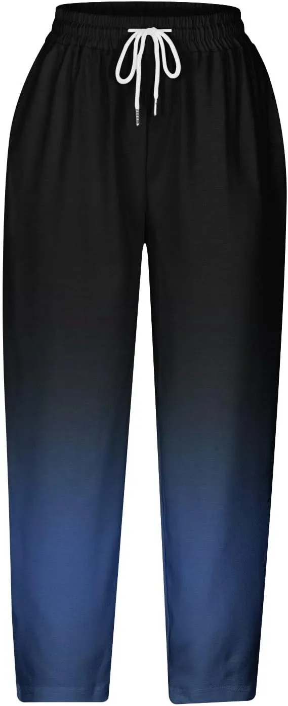 Linen Pants Women Casual Summer Harlan Pants Lightweight Wide Leg Gradient Color Trousers with Drawstring Pockets