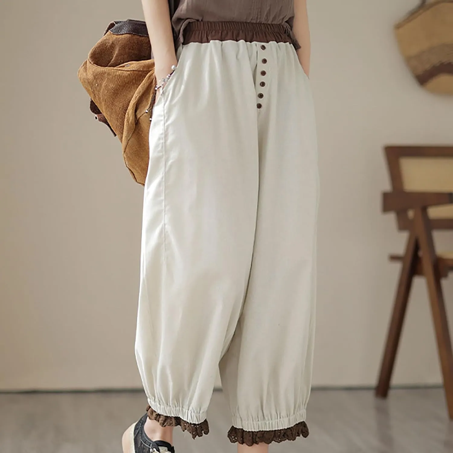 Linen Pants Women Fashion Casual Solid Color Elastic Loose Pants Straight Wide Leg Trousers with Pocket