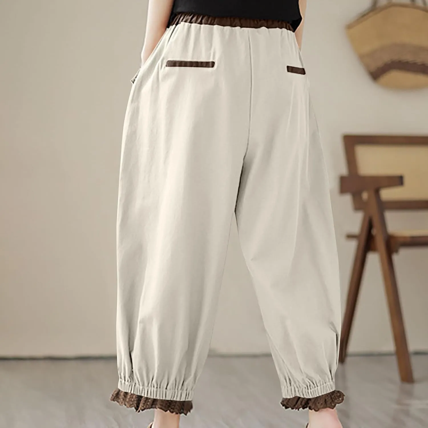 Linen Pants Women Fashion Casual Solid Color Elastic Loose Pants Straight Wide Leg Trousers with Pocket